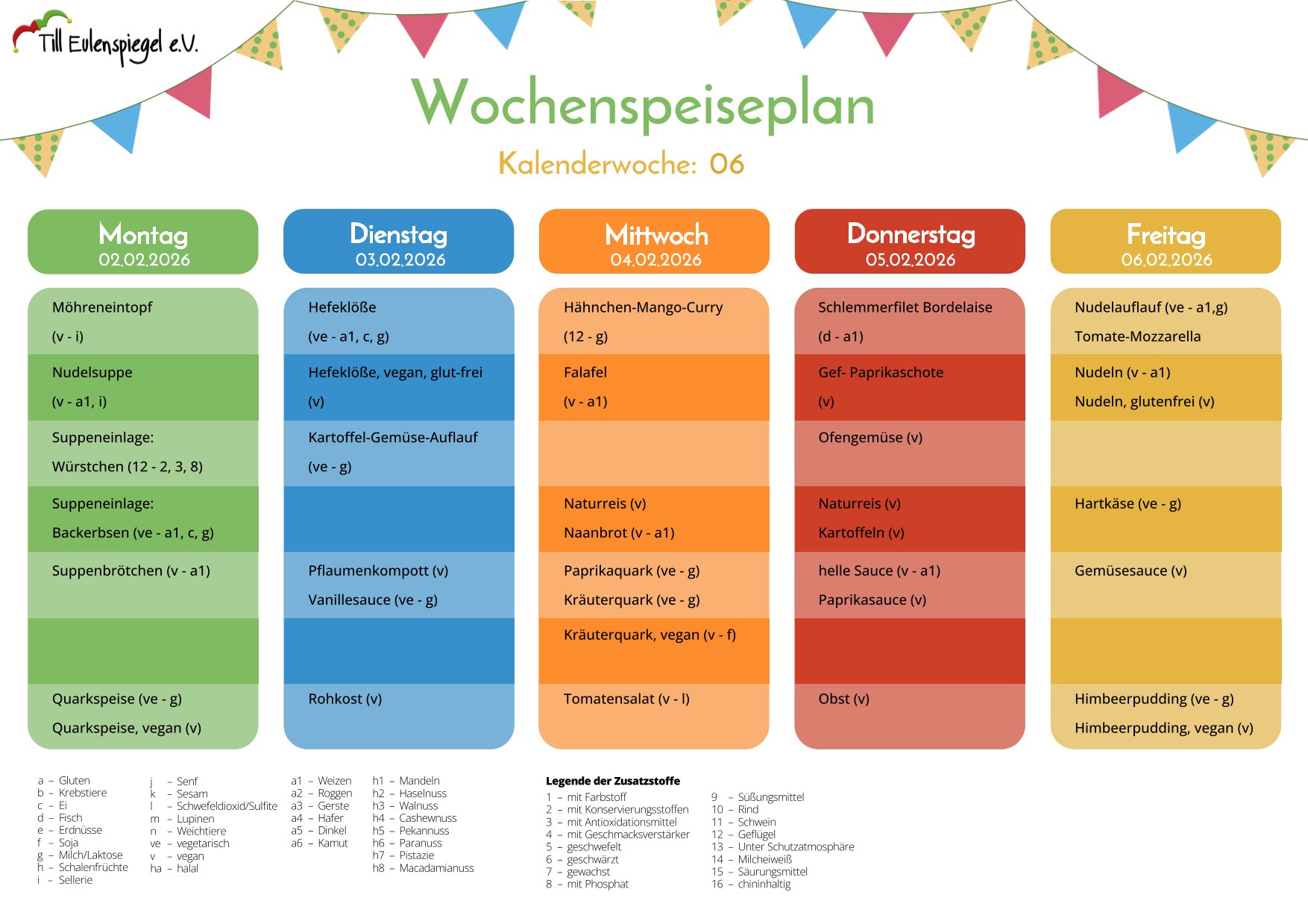 Ein farbenfroh gestalteter Wochenspeiseplan des Till Eulenspiegel e.V., mit täglichen Menüoptionen, Beilagen und Desserts sowie einer Legende für Allergene und Zusatzstoffe.